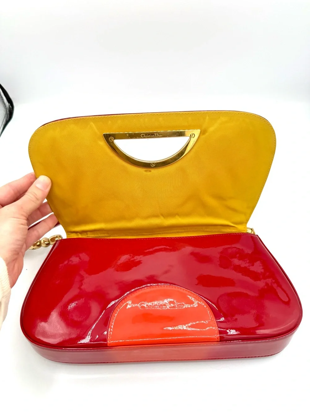 Dior Red Patent Leather Ombré Galliano Malice Shoulder Bag with Gold Bead Strap - Picture 10 of 12